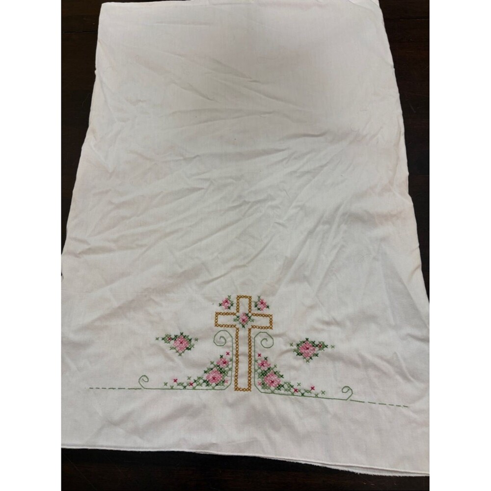 White cross stitched Cross pillowcase